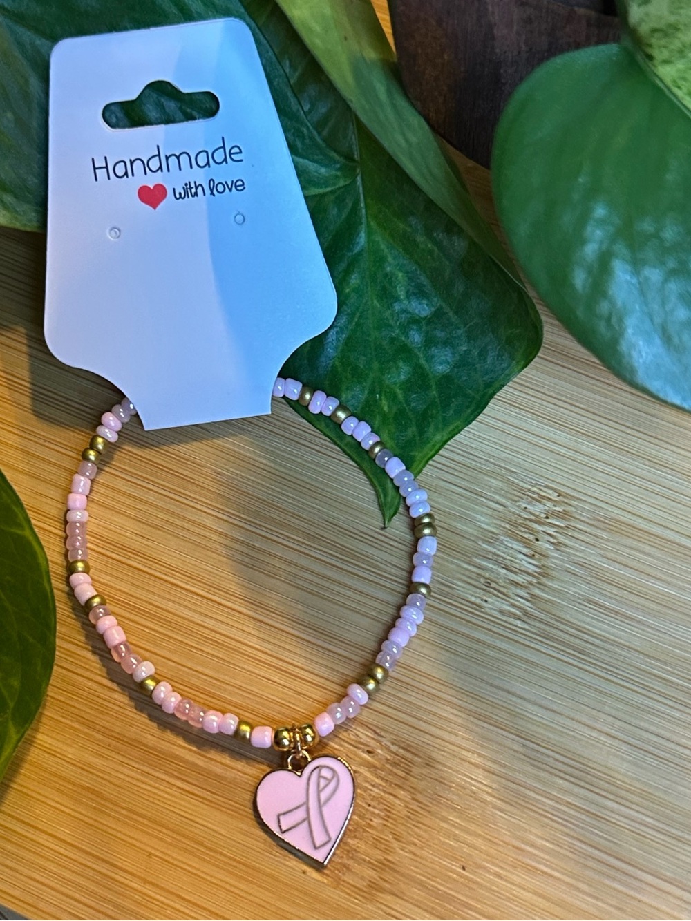 🎀 Breast Cancer Awareness Stretchy Beaded Bracelet | Handmade | Dangle Charm 🎀